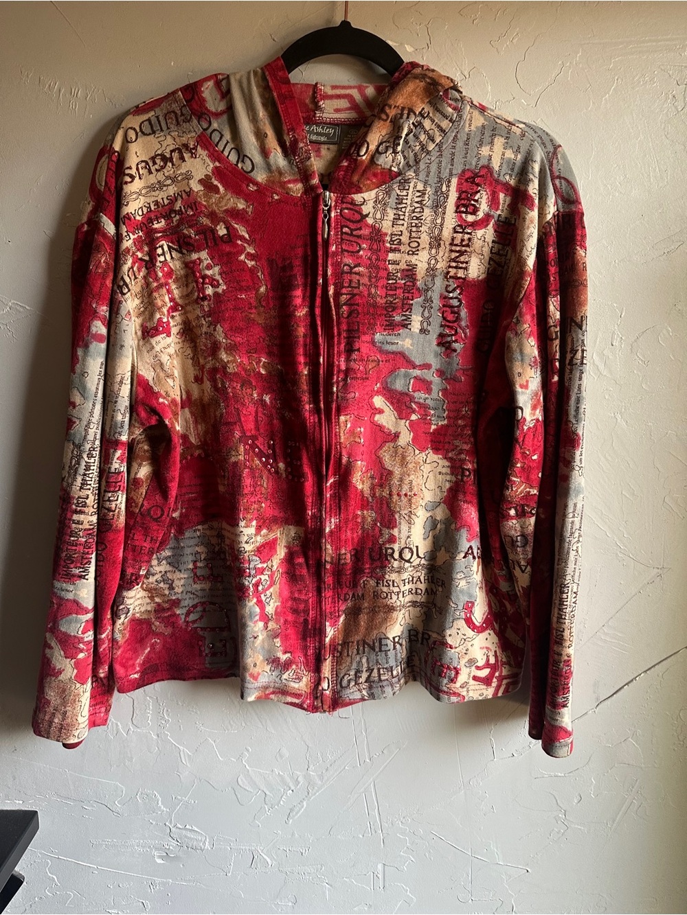 Jane Ashley European Map Print Zip Hoodie Y2K Beaded Sequin Artsy Boho XL